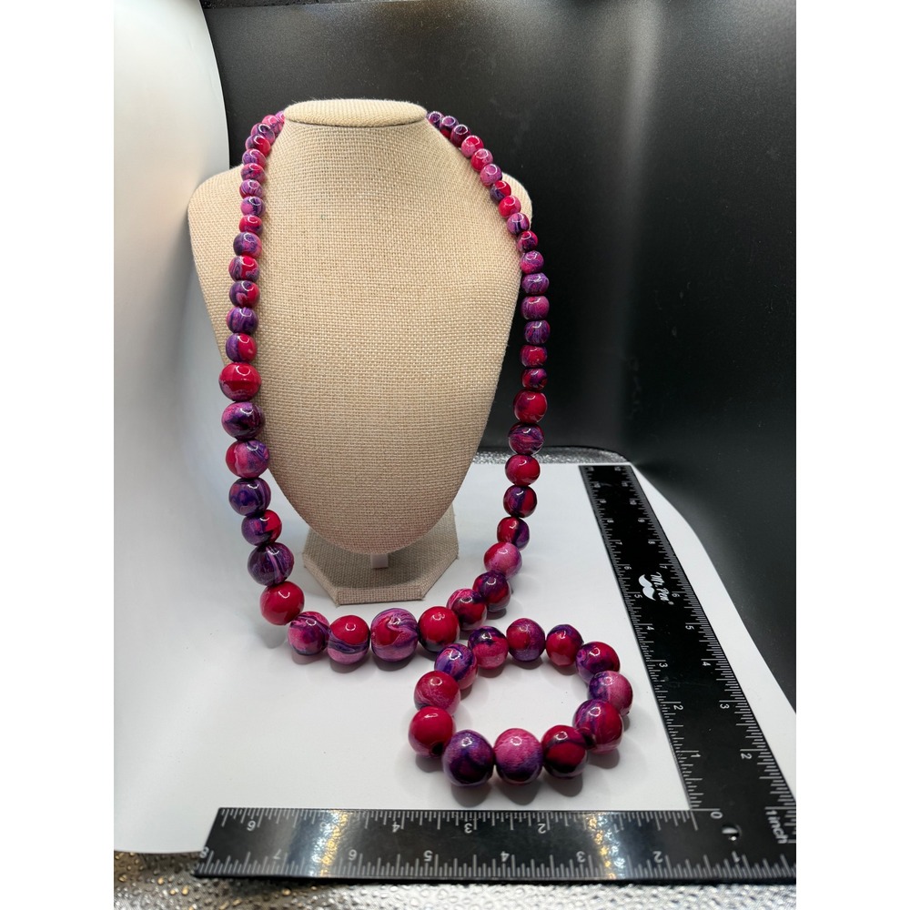 Pink Purple Marbled Bead Necklace and Stretch Bracelet Set Chunky Statement‎ 32"